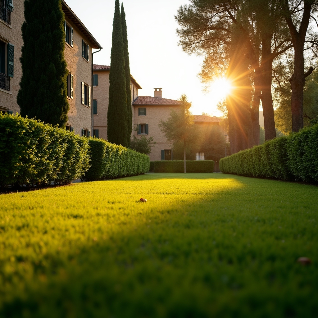 Giardino condominiale curato in Toscana al tramonto